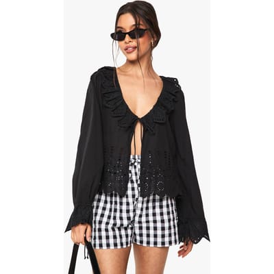 boohoo Dames Ruche blouse met borduurs en strikdetail | Zwart | Maat: 34