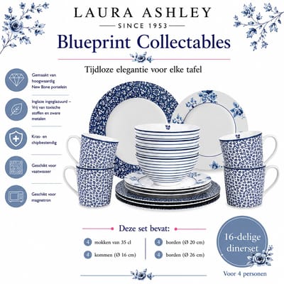 Laura Ashley Blueprint Collectables Serviesset - Servies - 4 persoons - 16 Delig - Kerstservies porselein