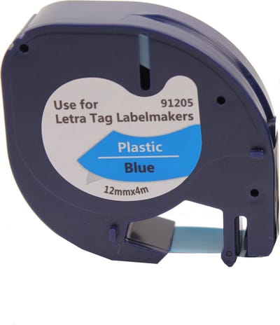 KATRIZ® huismerk label tape voor Dymo 91205 | DYMO LETRATAG LetraTag 100H/LetraTag 100T/LetraTag 2000/LetraTag QX54 | Zwart op Blauw | 12mm*4m |   1 stuk