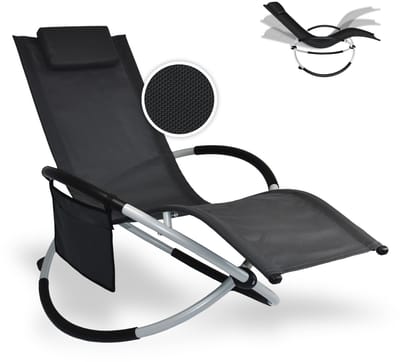 FlinQ Opvouwbare Ligstoel XXL Aura - Relaxstoel met Schommelfunctie - Tuinstoel - Zonnebed - Ligbed tuin Campingstoel - Tuinstoelen met tuinkussens - Roest- en uv-bestendig - Zwart