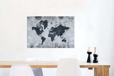 Aluminium schilderij 90x60 cm - Wanddecoratie metaal - Wereldkaart - Bloemen - Vintage - Metalen muurdecoratie woonkamer - Decoratie industrieel - Foto op dibond - Industriële accessoires slaapkamer