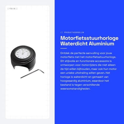 Motorfietsstuurhorloge Waterdicht - Kwartshorloge - Aluminium - Accessoires - 7/8 Inch Montage - Zwart/Wit Wijzerplaat - Motorhorloge