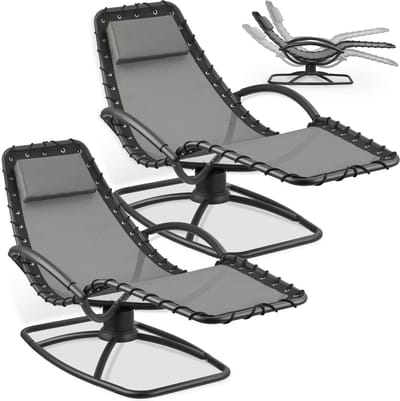 tectake® Ligstoel Toulon - Set van 2 - Ergonomische Tuinstoelen met Schommelfunctie - Zero Gravity Ligbedden voor Tuin, Terras en Balkon - Relaxstoelen met Hoofdkussen en Comfortabele Armleuningen - Ligstoelen - 120kg Draagkracht - Grijs