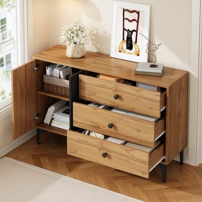 DESMIU Dressoir - Houtlook Met Verticale Strepen En 3 Lades - Opbergkast Voor Woonkamer En Eetkamer - Spaanplaat Metaal - 120x35x76 Cm - Zwart Naturel