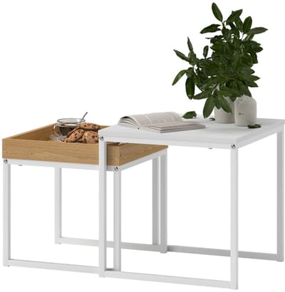 Merax - Moderne Salontafelset 2-Delig - Vierkante Bijzettafels Met Afneembaar Dienblad - In Elkaar Schuifbaar - Wit En Eikenlook - Stalen Onderstel - 45 X 45 X 45 Cm En 40 X 40 X 40 Cm