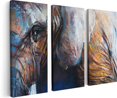 Artaza Canvas Schilderij Drieluik Getekende Olifant Van Dichtbij - Abstract - 120x80 cm - Wanddecoratie Woonkamer - Schilderijen - Muurdecoratie