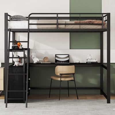 VVBV Ruimtebesparende Hoogslaper 140x200 cm met Lades, Bureau - Metaal Zwart - Zonder Matras