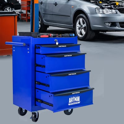 MIVRAY Gereedschapswagen - 4 Laden Met Kogellager En Remwielen - Voor Garage En Werkplaats - Staal - Zwart Blauw