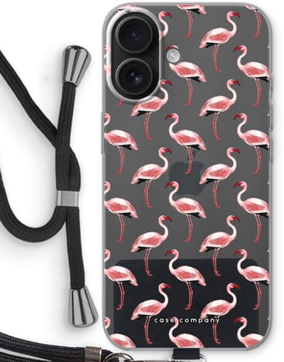 Case Company® - Hoesje met koord geschikt voor iPhone 16 hoesje met Koord - Flamingo - Telefoonhoesje met Zwart Koord - Bescherming aan alle Kanten en Over de Schermrand