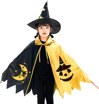 Halloween Kindercape Set - Tovenaarscape met Kap - Magiër Sterrencape - Jongens en Meisjes Rollenspel Rekwisieten - Feestkostuum - Magiër Kostuum - Sterren Zwart en Goud Tweekleurige Cape - Nieuw