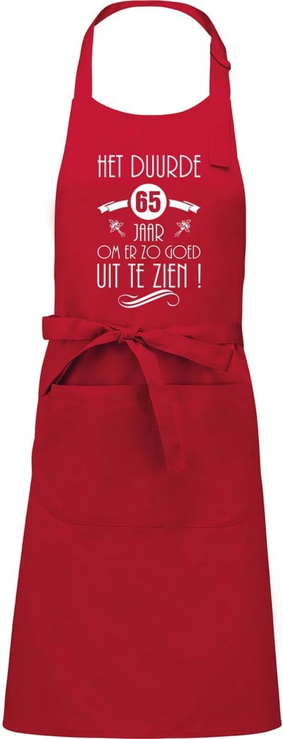 Luxe cadeauschort - tekstschort - Keukenschort - BBQ schort - verjaardag - nieuw - het duurde 65 jaar - unisex - rood