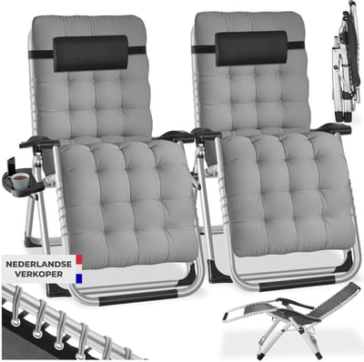tectake® set van 2 Opvouwbare Ligstoelen Cloud - Tuinstoelen met Tafeltje - Bekerhouder - Traploos Verstelbaar - Voor Balkon, Camping of Tuin - Relaxstoelen met extra dik Kussen - Strandstoelen - Ligbed - Div. kleuren - Grijs