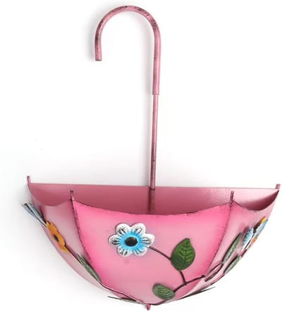 Ulisem - Paraplu muurplantenbak - Boerderijstijl antiek retro - Roze - 36x30x14 cm - Zonder boren te monteren - Weerbestendig gecoat ijzer - Met afvoergaten - Handgeschilderd bloemmotief - Voor binnen en buiten - Cadeau voor tuinliefhebbers