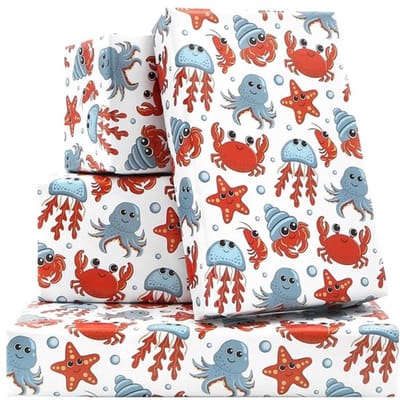 Inpakpapier Verjaardag - Inpakpapier Kinderen - Inpakpapier Rollen - Aquatische Ontwerp - 4 Vellen 50x70 cm - Felgekleurde Print - Cadeaupapier