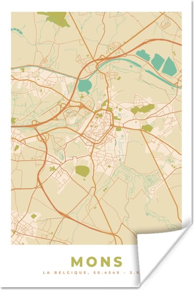 Poster Plattegrond - Kaart - België - Stadskaart - Vintage - Mons - 120x180 cm XXL