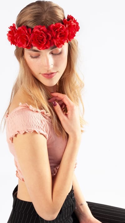 KIMU® Bloemenkrans Haar Rozenkrans Rood - Rode Bloemen Haarband Diadeem - Ibiza Rozen Bloemetjes - Nimf Boho Festival