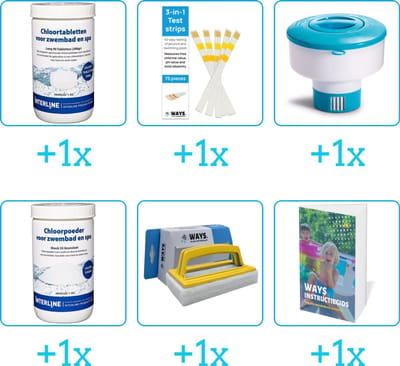 Zwembad Onderhoudspakket - Onderhoud Zwembad - bevat Chloor - Testrips - Chloordrijver - Chloor - Scrubborstel en Zwembadgids (6-delig)