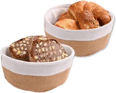 Kesper Broodmandje met stof - 2x - katoen/peva - beige - rond - D20 x H9 cm - serveermandje