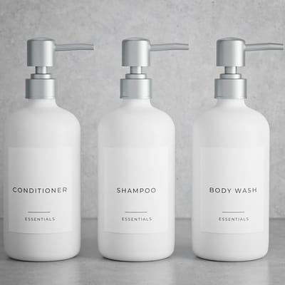 Famanu – Stijlvolle shampoo- en conditionerdispenser set van 3, moderne douchezeepflessen met pomp en labels, eenvoudig navulbaar