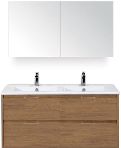 Porto Badmeubelset 120 cm - 4 Laden Honey - Keramische Wastafel Wit Slim met Spiegelkast