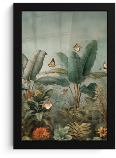Poster in lijst - Fotolijst 20x30 cm - Posters - Tropisch bladerdek - Vlinders - groen - Bruin - Posterlijst zwart - Decoratie - Wanddecoratie woonkamer - Muurdecoratie slaapkamer