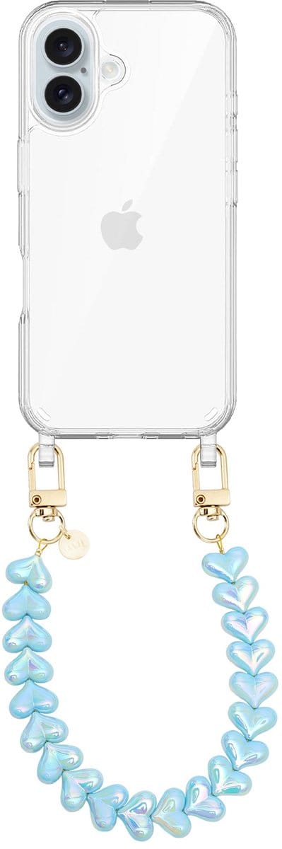xoxo Wildhearts siliconen hoesje - Geschikt voor iPhone 16 Plus hoesje - Funky Hearts (Blue Metallic) - Telefoonhoesje - Hoesje met koord - Blauw koord - kort telefoonkoord - Hartjes ketting - Transparant hoesje