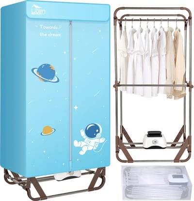 Uten Draagbare elektrische droger Gr886 - 2 lagen droog Design - Warmtepompdroger - 1500 W - Timer 0-180 Min - Elektrisch Droogrek met Verwarming - Wasdroger - Tot 15kg wasgoed - Als wasdroger, droogrek en Kledingkast- Hoogte 1.4 M - lichtblauw