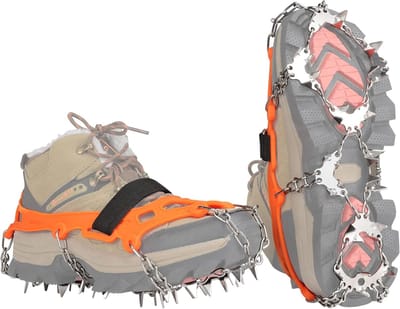 Famanu - Stijgijzers, ijsnoppen, antislip, sneeuwgrips voor laarzen, schoenen met 32 roestvrijstalen spikes, antislip voor wandelen, hiken, klimmen, vissen en bergbeklimmen