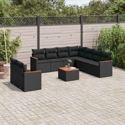 vidaXL - 10-delige - Loungeset - met - kussens - poly - rattan - zwart