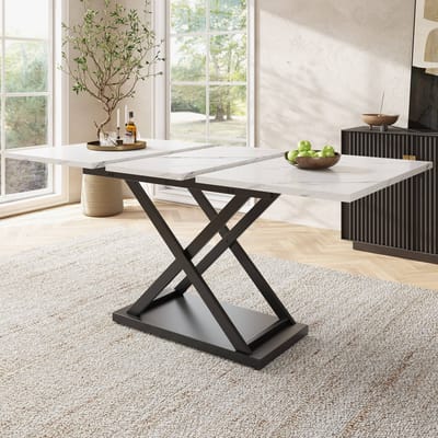 Sweiko Eettafel - 120-160 x 80 cm - Uitschuifbaar - Zwarte gekruiste ijzeren poten - Wit gemarmerd blad