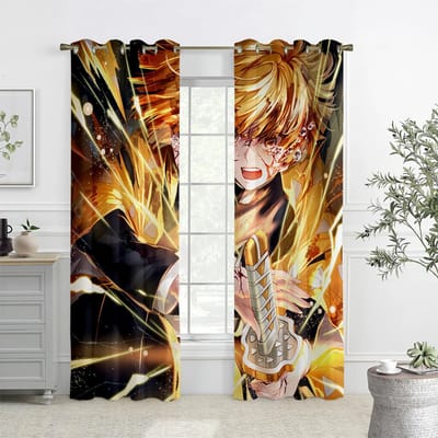 2PCS Rideaux Imprimés Motif Anime Japonais - Sang Chaud, Dessins Animés, Rideaux Décoratifs à Poches pour Tringle pour Chambre d'Enfant W50xH140(CM)x2PCS&Rod pocket black