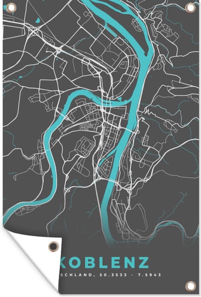 Muurdecoratie Plattegrond – Koblenz – Blauw – Stadskaart – Kaart - Duitsland - 120x180 cm - Tuinposter - Tuindoek