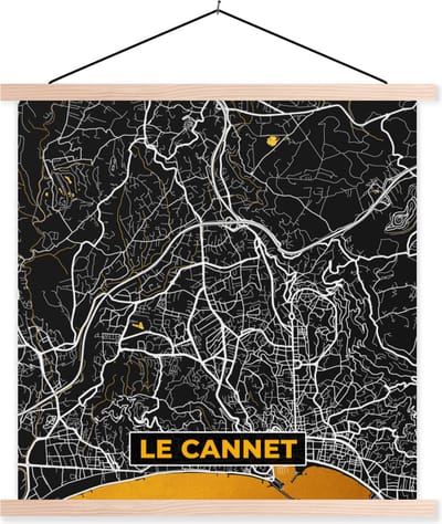 Posterhanger incl. Poster 40x40 cm - Schoolplaat - Plattegrond – Kaart – Stadskaart – Frankrijk – Le Cannet - Textielposter - Blanke latten - Stadskaart