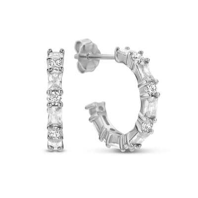 New Bling 9NB-1031 Zilveren Halve Oorringen met zirkonia 15 mm - 2 mm Breed - Wit - Pouchette - Rhodium - Zilver