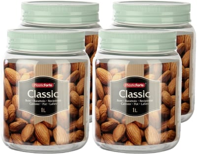 Plasticforte keuken voedsel voorraadpot - Set van 4x stuks - weckpot - mintgroen - 1 liter - kunststof - met deksel - Formaat: 11 x 14 cm