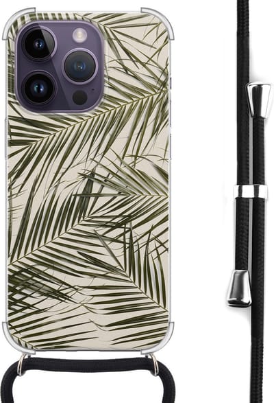 Hoesje met koord - Geschikt voor iPhone 14 Pro Max - Palmbladeren - Verstelbaar zwart koord - Transparant, Groen - Planten - Leuke Telefoonhoesjes