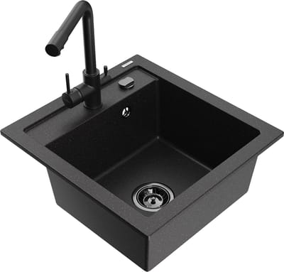 Mexen Vito granieten gootsteen 1-komorige met keukenkraan Duero, zwart/zilver metallic - 6503-73-671600-70-B