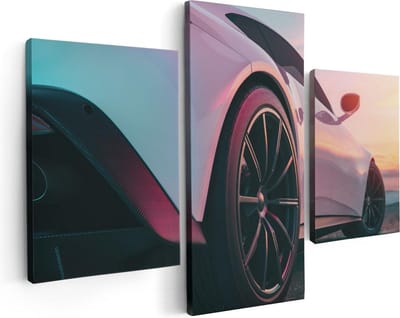 Artaza Canvas Schilderij Drieluik Witte Sportwagen Auto - 90x60 - Foto Op Canvas - Canvas Print