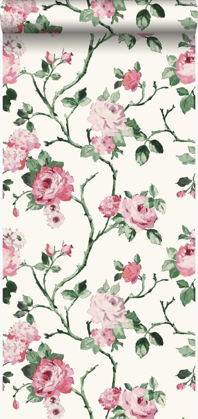 Origin Wallcoverings behang bloemen roomwit, roze en groen - 53 cm x 10.05 m - 347434