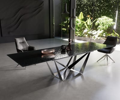Eetkamertafel Edge Glas smelten rokerig zwart 3D-Relief 200-300x100 spider vlak staal RVS uitschuifbaar