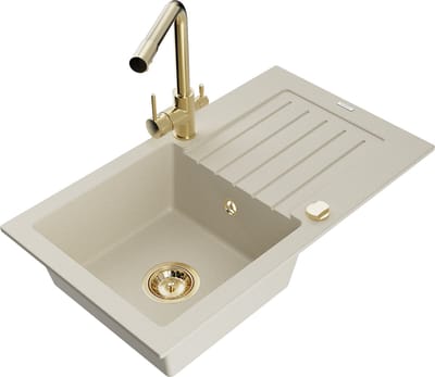 Mexen Pablo granieten spoelbak met 1 bak en afdruiprek en Duero keukenmengkraan, beige - 6510-69-671600-50