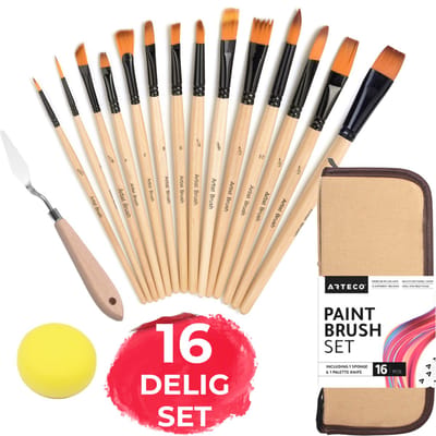 ARTECO® 16-delige Penselenset Inclusief Spons en Paletmes - Penselenset - Penselen - Acrylverf - Aquarelverf - Olieverf - Waterverf – Kwasten