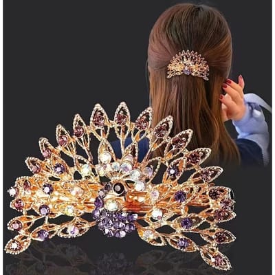 Kleurrijke Elegante Pauwenhaarclip Groot Koreaanse Stijl Legering met Edelstenen, Veerbelast Paardenstaart Accessoire, Chique & Eenvoudig Rond Ontwerp voor Styli paars