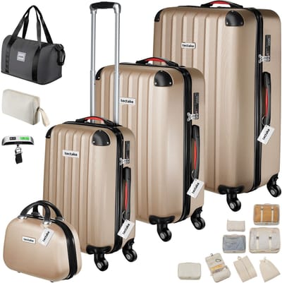 tectake® 19-delige Kofferset - Reiskoffer Set met Bagageweegschaal, Label en Accessoires - 360° wielen - ABS Harde Schaal - Koffer met TSA-Cijferslot - Stapelbaar - Trolley Handbagage - Ruimbagage - 95L, 64L, 39L Koffers en Beautycase - Champagne