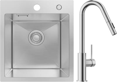 SOFETIY MAX Spoelbak voor keuken 40x45 cm - Spoelbakken Keuken Met V-Uitloop Keukenkraan - Spoelbak Keuken Geborsteld RVS - Wasbak Keuken - Voor Kasten van 40 cm
