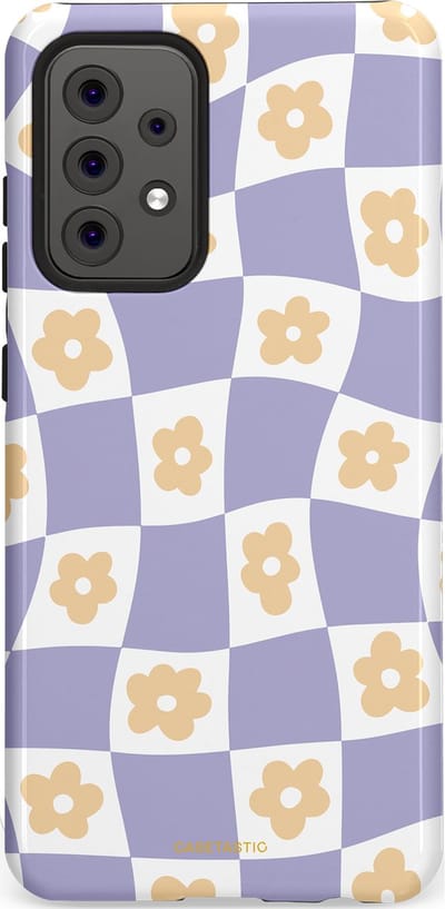 Casetastic hoesje geschikt voor Samsung Galaxy A52 (2021) 5G / Samsung Galaxy A52 (2021) 4G - Dubbellaagse bescherming - Kronkelende madeliefjes - Fashion Case - Lila Wit Zand Lichtgrijs