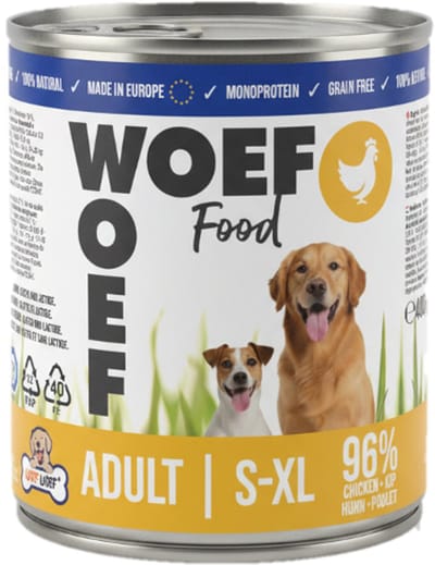 Woef Woef Adult - Natvoer Hond - Hondenvoer - Kip - 24 x 200g - Hypoallergeen - Graanvrij