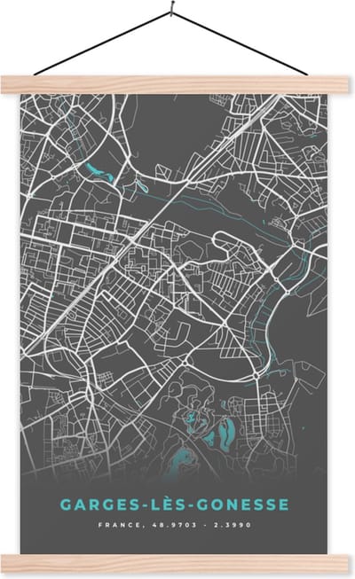 Posterhanger incl. Poster 40x60 cm - Schoolplaat - Frankrijk - Garges-lès-Gonesse - Stadskaart - Kaart - Plattegrond - Textielposter - Blanke latten - Stadskaart