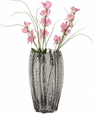 Mega Collections Bloemenvaas Callas - bewerkt sier glas - D13 x H23 cm - transparant smoke grijs - boeket en stelen - Moderne stijl
