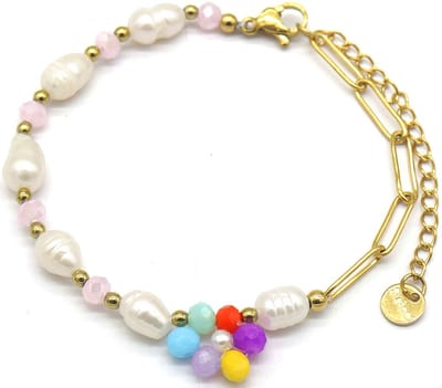 Armband Dames - Kunstparels en Bloem - RVS - Lengte Verstelbaar 17-22 cm - Goudkleurig